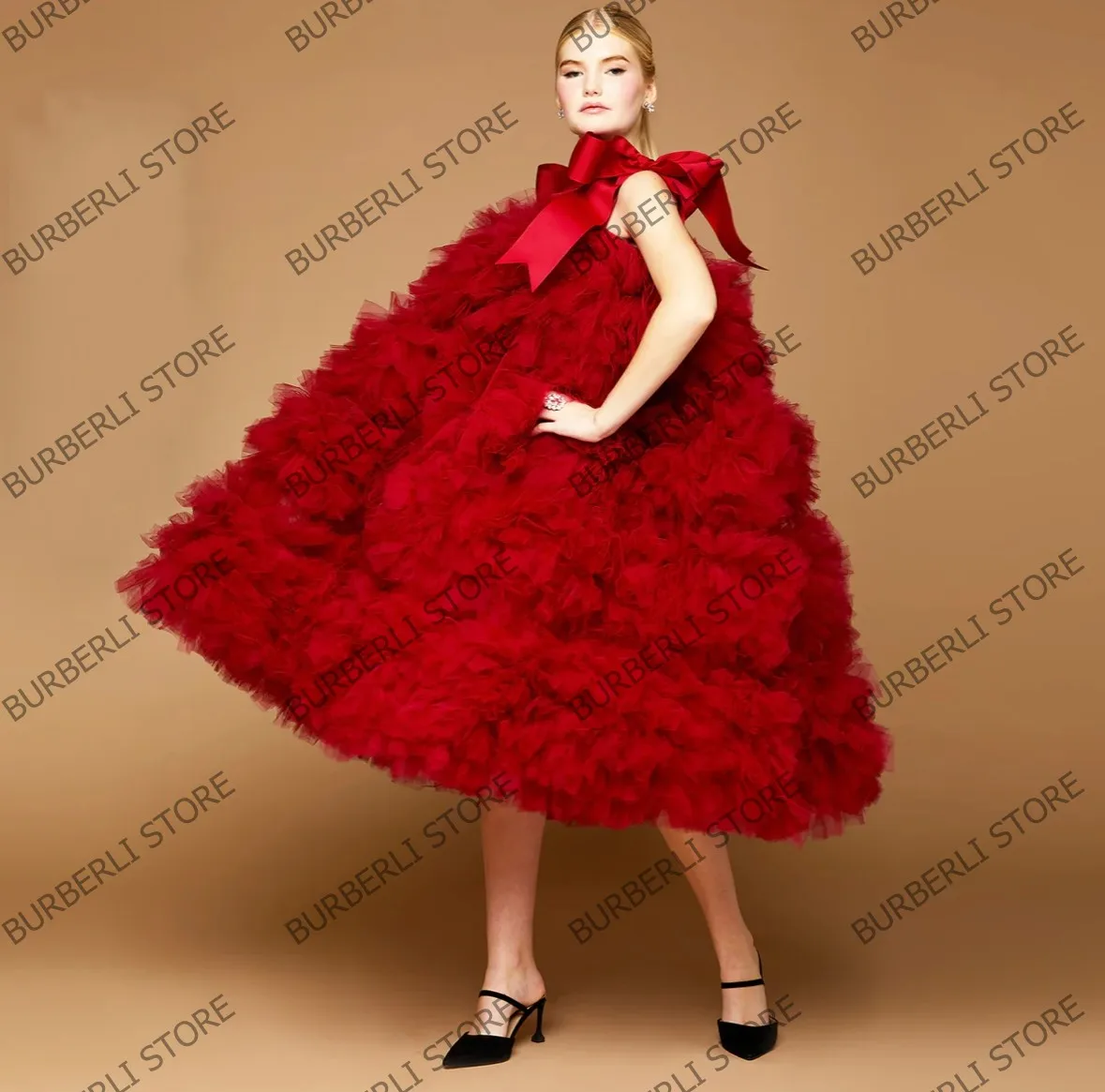 Extra Puffy Mesh Women Party Dresses Cute Ruffles Tiered Tulle A line Famale Brithday Prom Gowns Tea-length Fluffy Pageant Dress