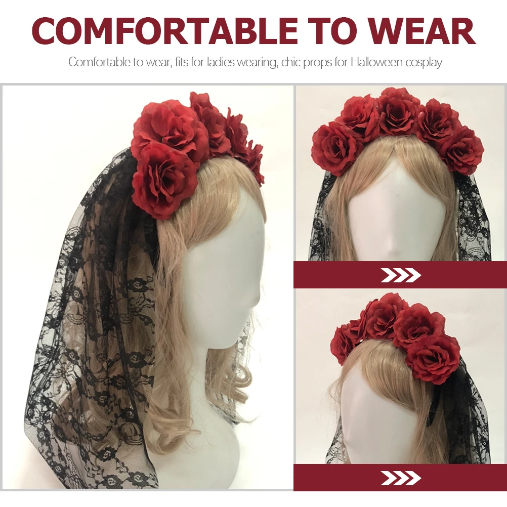 Fascia per capelli con velo in pizzo nero e rose rosse, accessorio romantico per Halloween e cosplay, corona floreale per feste e cosplay