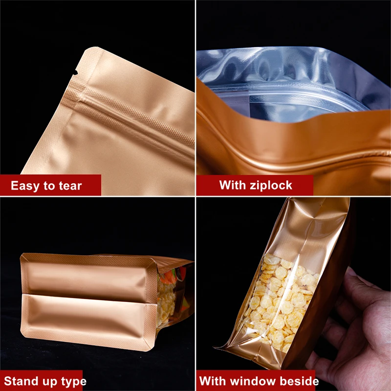 StoBag 50pcs Food Packaging Ziplock Bags Aluminum Foil Stand Up Sealed for Candy Tea Nuts Beans Storage Reusable Zip Lock Pouch