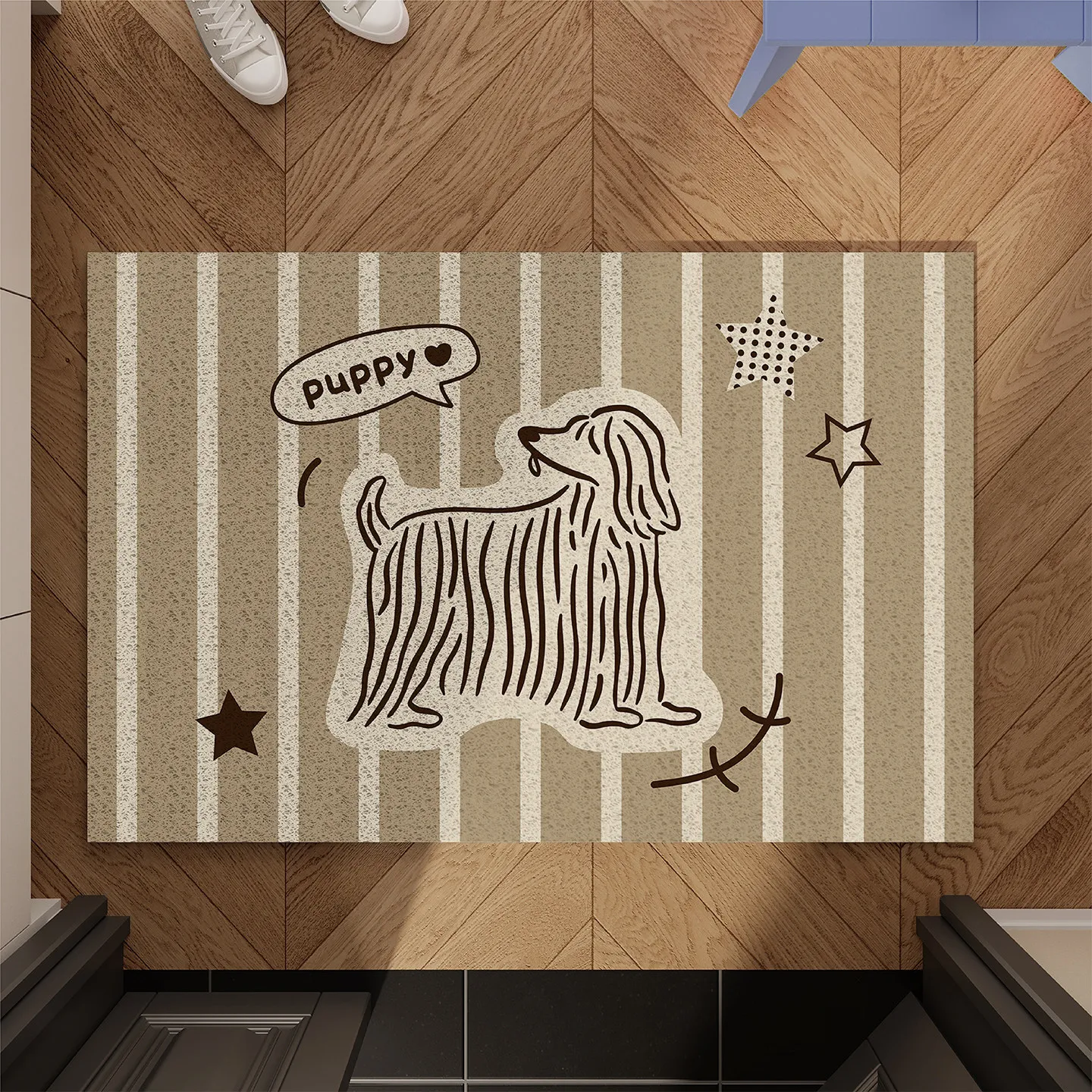 Striped Cute Sketch Puppy Dog Print PVC Silk Loop Doormat Anti Slip Dirt Easy Clean Front Door Entryway Floor Mat Home Decor