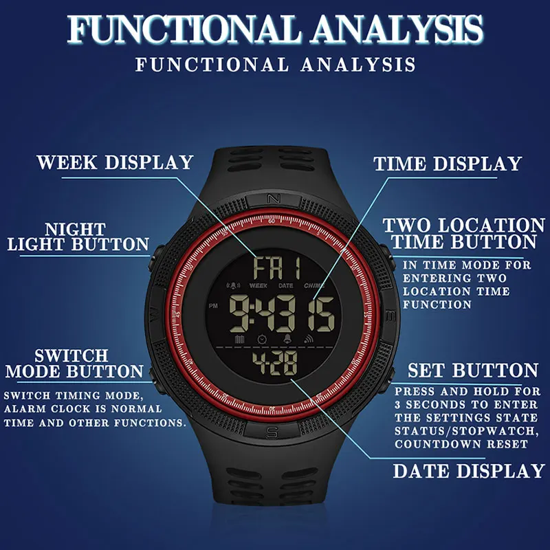 Men\'s Multifunctional Digital Watches LED Night Light Waterproof Outdoor Sports Watch Countdown Stopwatch Clock Men Wristwatch