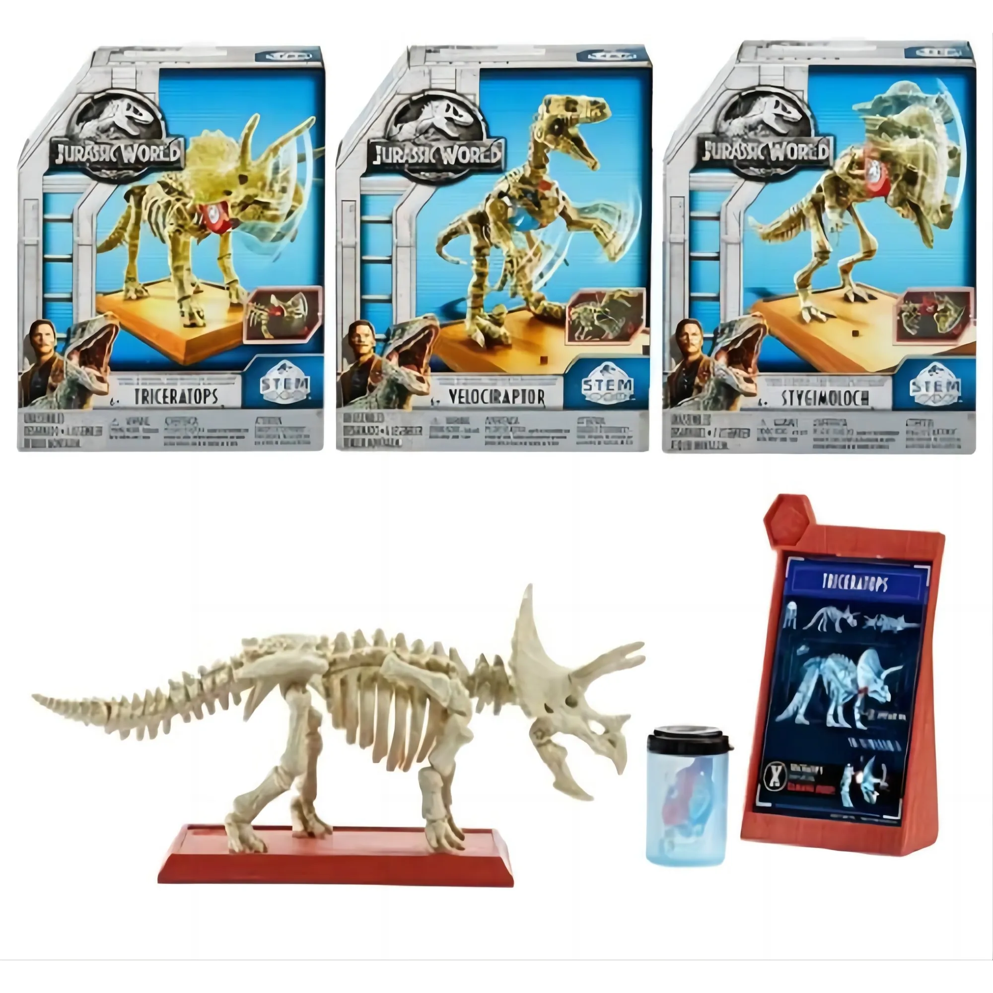 Mattel Jurassic World Fossil Strikers Velociraptor, Stygimoloch and Triceratops Figure FTF03 for Brithday\'s Gift