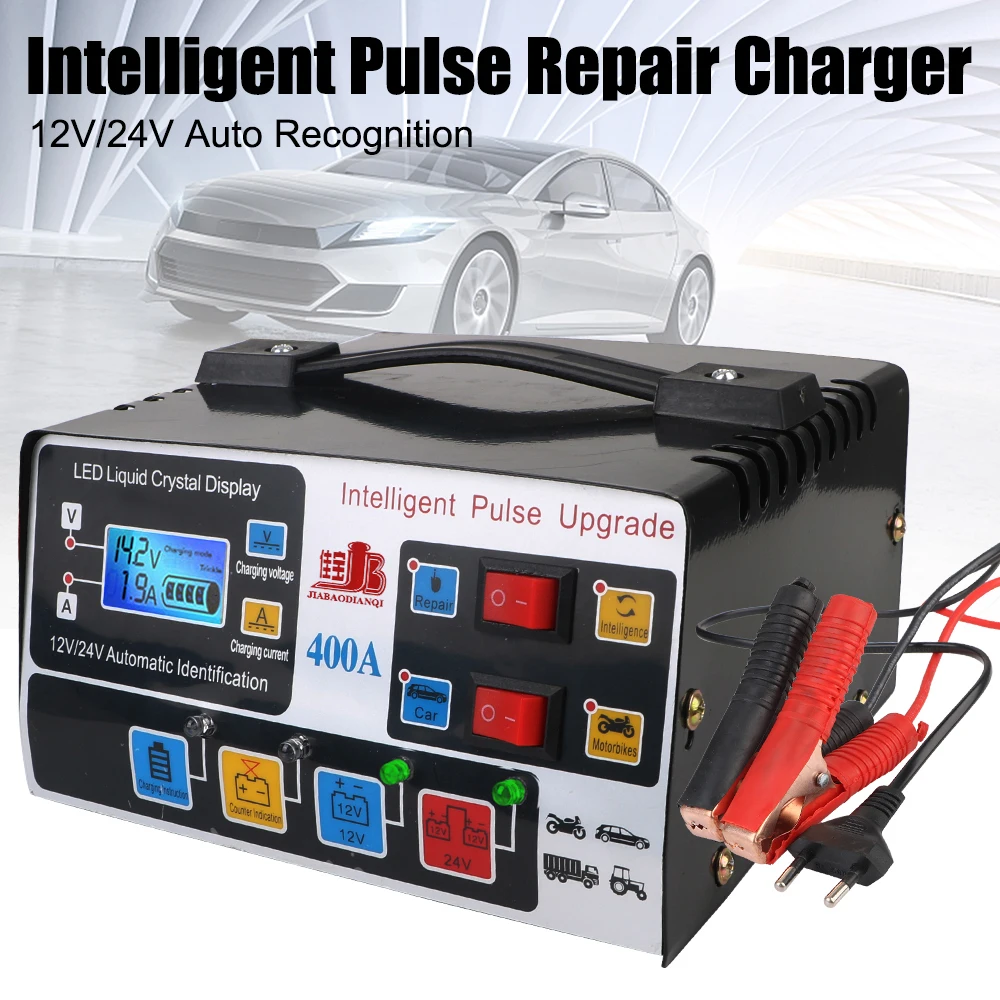 

High Power EU Plug Pulse Repair High Frequency 12V/24V 220W Car Battery Charger Fully Automatic LCD Display Intelligent