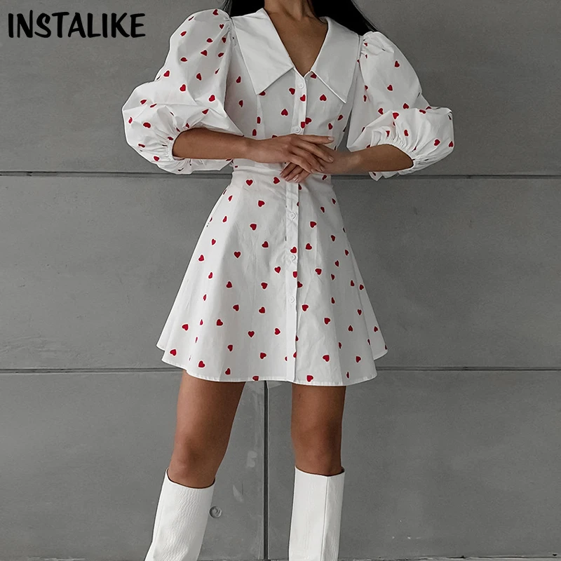 

InstaLike Love Print Puff Sleeve A Line Dress V Neck Elegant Aesthetic Birthday Party Chic Mini Dress Korean Fashion Streetwear