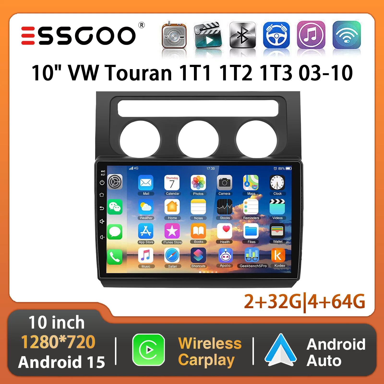 ESSGOO 10 Zoll für VW Touran 1T1 1T2 1T3 2003-10 Android 15 Wireless Carplay Autoradio GPS NAV WIFI SWC BT Mirror Link RDS FM