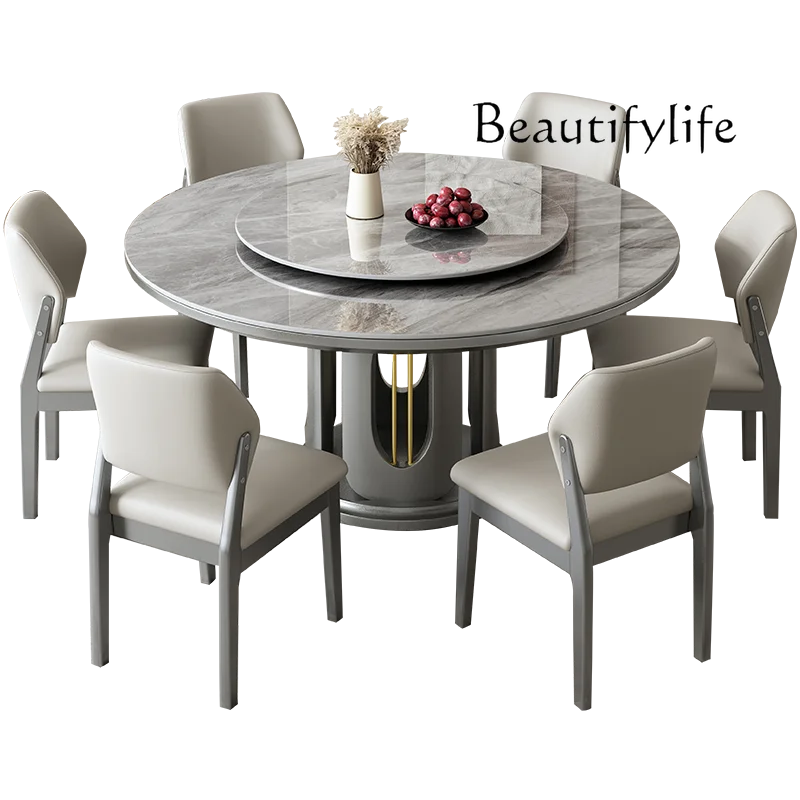 

rock slab round table with turntable natural supercrystalline stone dining table and chair combination large round table
