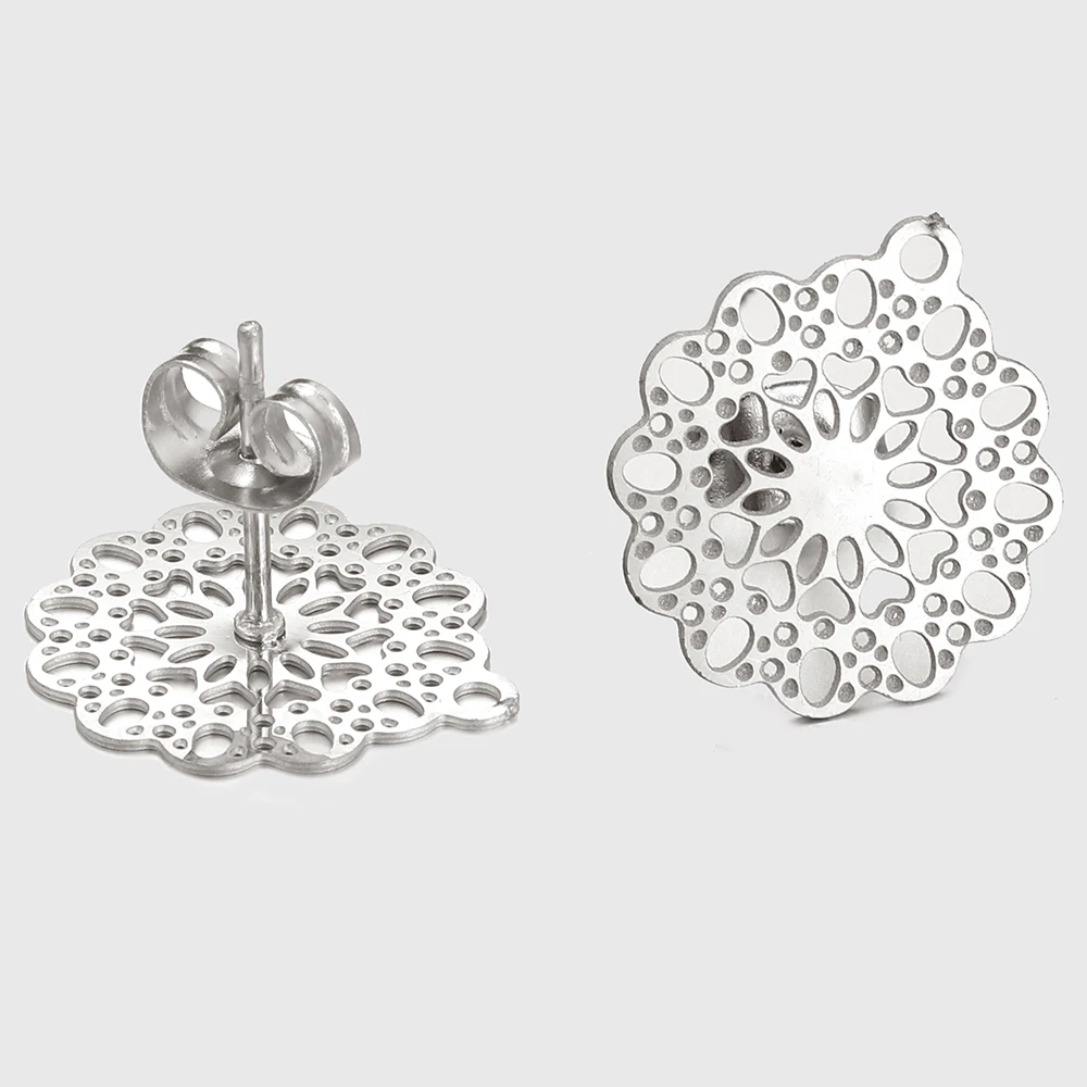 10pcs Stainless Steel Flower Ear Studs Hollowed Out Earring Base with Earplug for Earrings Jewelry Making DIY Findings Accessory