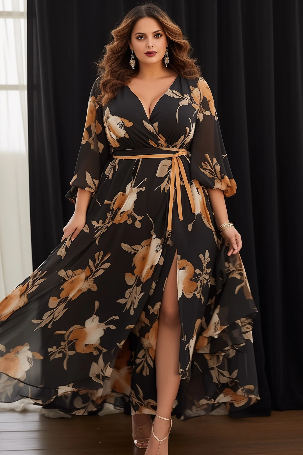 Flycurvy Vestido largo con abertura y manga acampanada para madre de la novia, talla grande, gasa negra, estampado floral