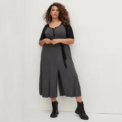 Plus Size Eleganckie letnie kombinezony z półrękawkiem dla kobiet Szary i czarny pasek z guzikami Casualowe kombinezony z szerokimi nogawkami Duży rozmiar 7XL