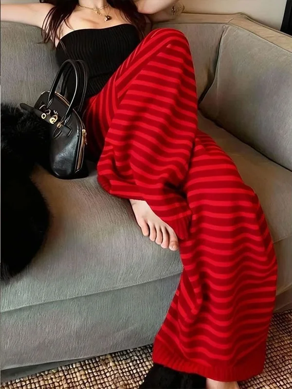 

Red Striped Knitted Wide Leg Pants Women's Thi Warm Design Small Size Super Beautiful Trousers High Waist Straight Cut Comm...