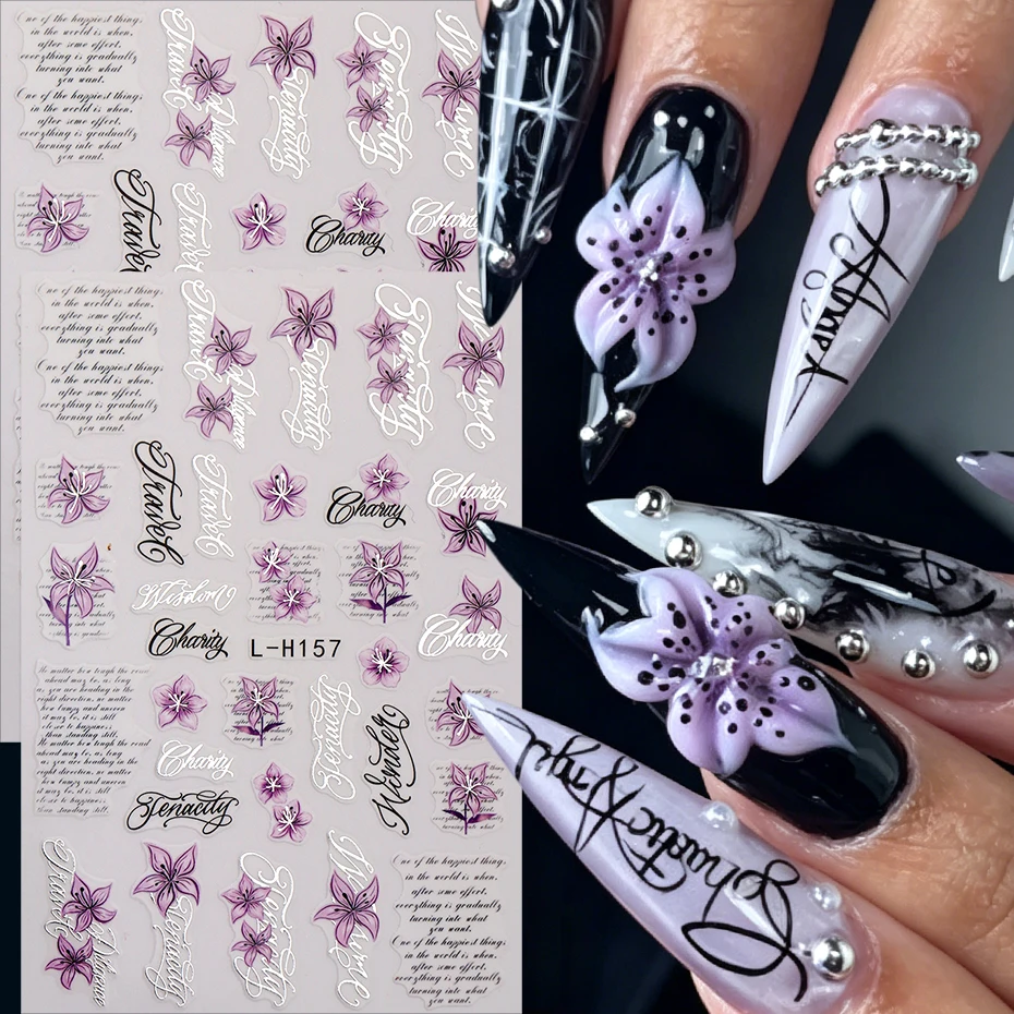 Purple Floral Nail Art Stickers With English Script Ltalic Letter Garden Nail Decals Self-Adhesive Sliders DIY Nail Supplies