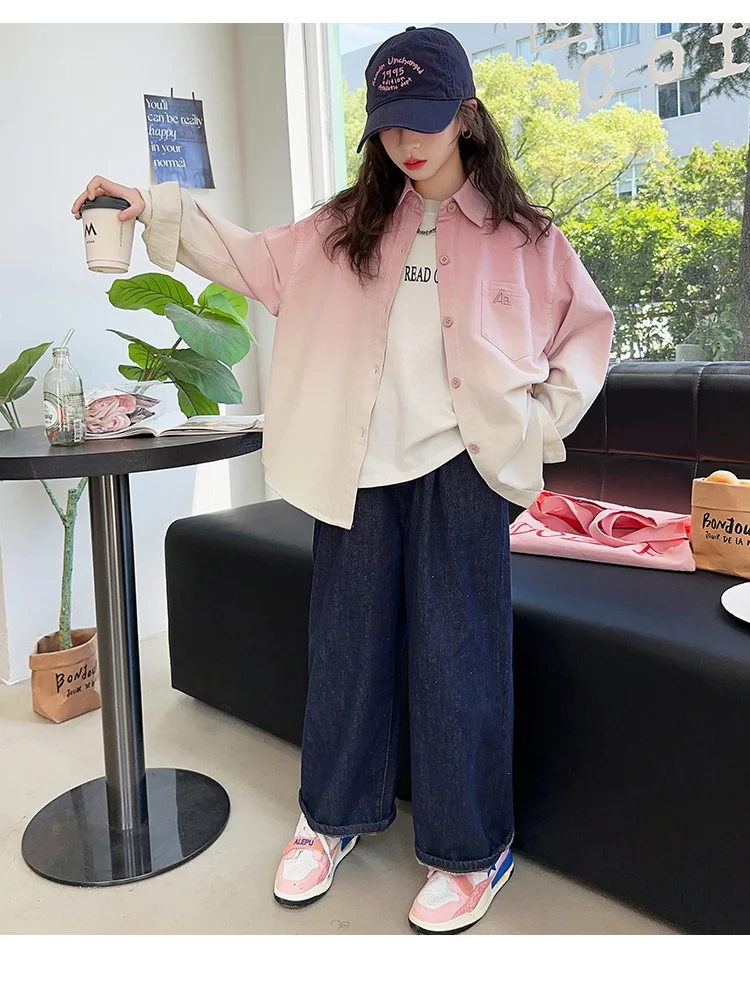 Langarm-Kinderbluse mit Farbverlauf für Mädchen 14 13 12 11 10 9 8 7 6 5 Jahre Kinder Stilvolles Baumwollhemd in Bonbonfarben für Teenager Rosa Grün – Detail 9