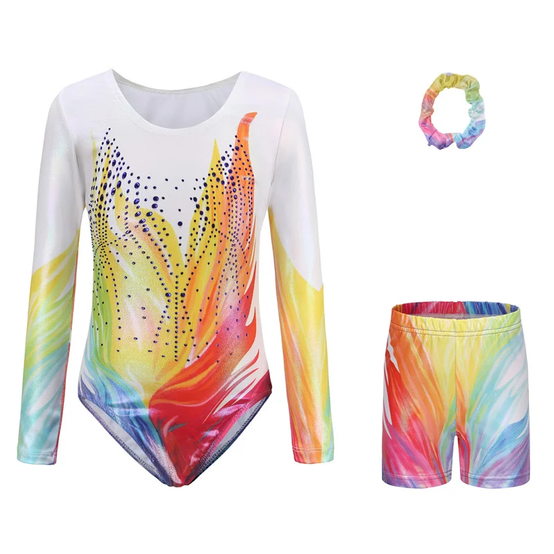 Hot Bambini Ragazze Bambini Blu Rosa Viola Manica lunga Ginnastica ritmica Body con pantaloncini Set Abiti Tute Tute