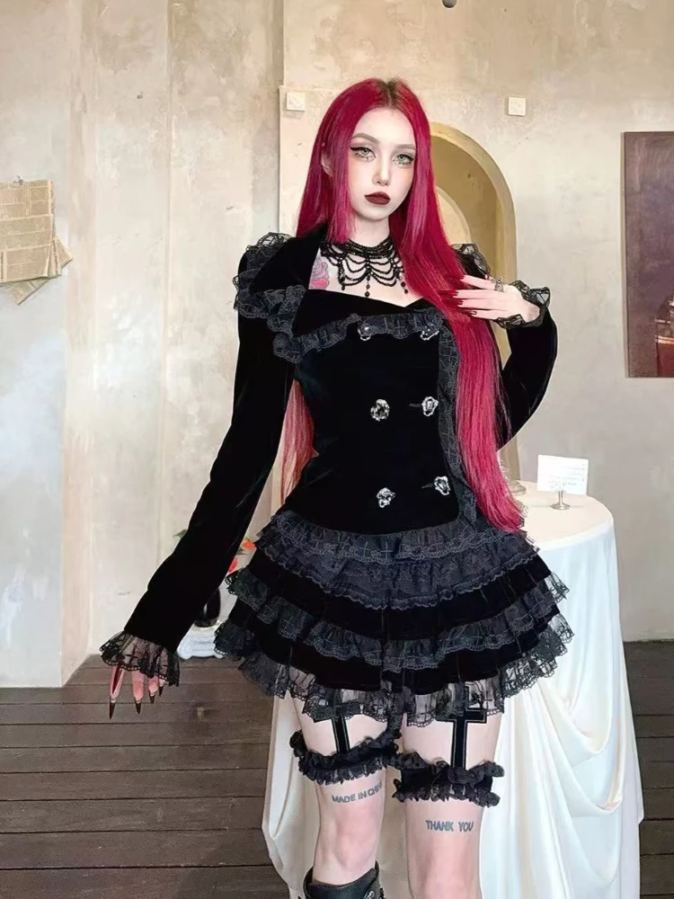 Gothic Palace Style Lace Black 2-piece Set Women High Street Darkly Slim Patchwork Cross Cake Skirt Suit Y2k Hot Girl Outfits - Image 3
