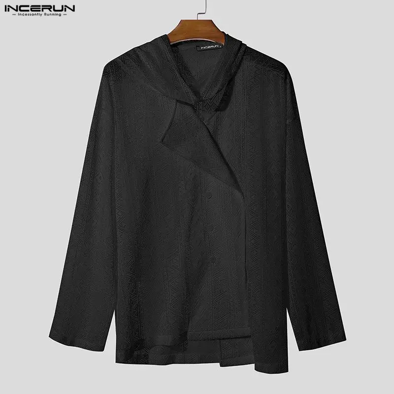 INCERUN الرجال قميص الدانتيل انظر من خلال الياقة المدورة طويلة الأكمام فضفاضة الرجال الملابس الشارع الشهير موضة ملابس علوية غير رسمية قمصان الذكور #1