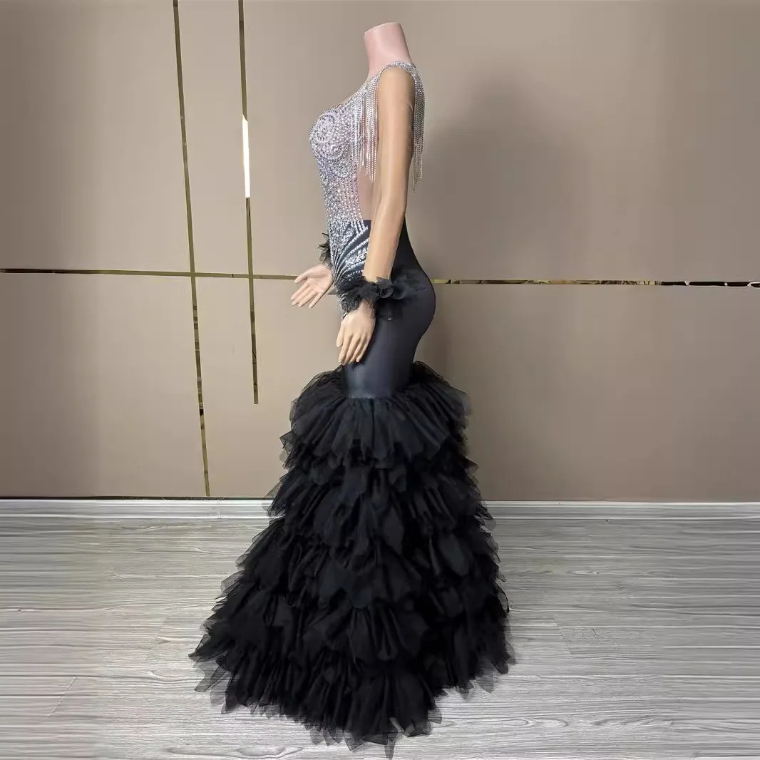 STOCK Luxury Skinny Rhinestone Mesh Dress Club Nightclub Performance Outfit Sexy Banquet Gown Splicing Detail Rhinestone Dresses