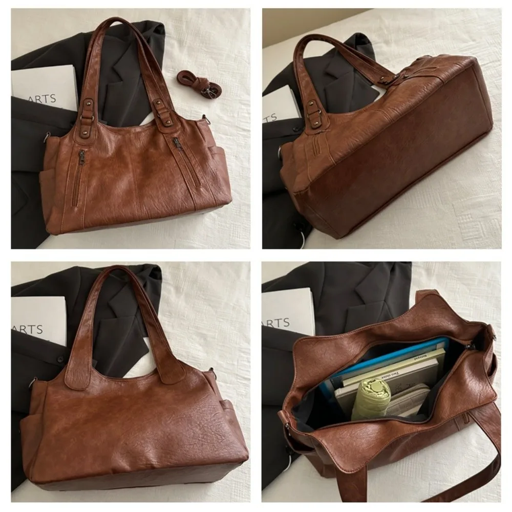 

Fashionable Retro PU Shoulder Bag Large Capacity Locomotive Style Commuting Handbag Soft Solid Color Underarm Tote Bag Women