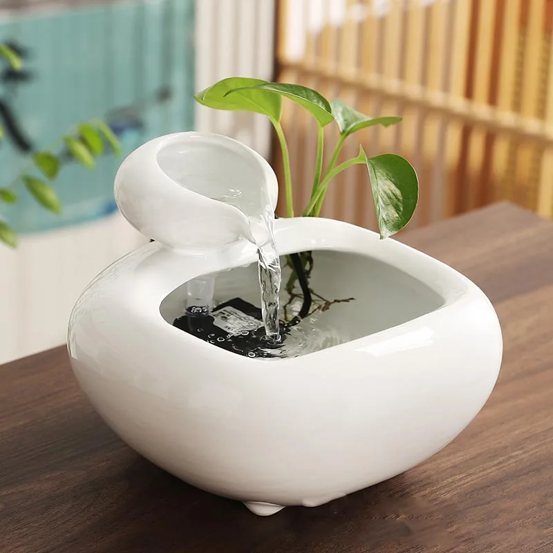 Ceramic Fountain Meditation Calming Waterfall Hydroponic Vase Fish Tank Feng Shui Water Feature Office Home Decor USB Powered