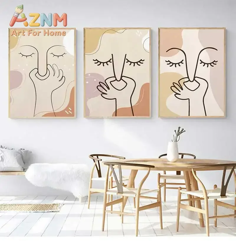 AZNM Abstract Face Line Art Canvas Poster Neutral Boho Beige Blush Shape Minimalist Woman Portrait Art Print Living Room Bedroom