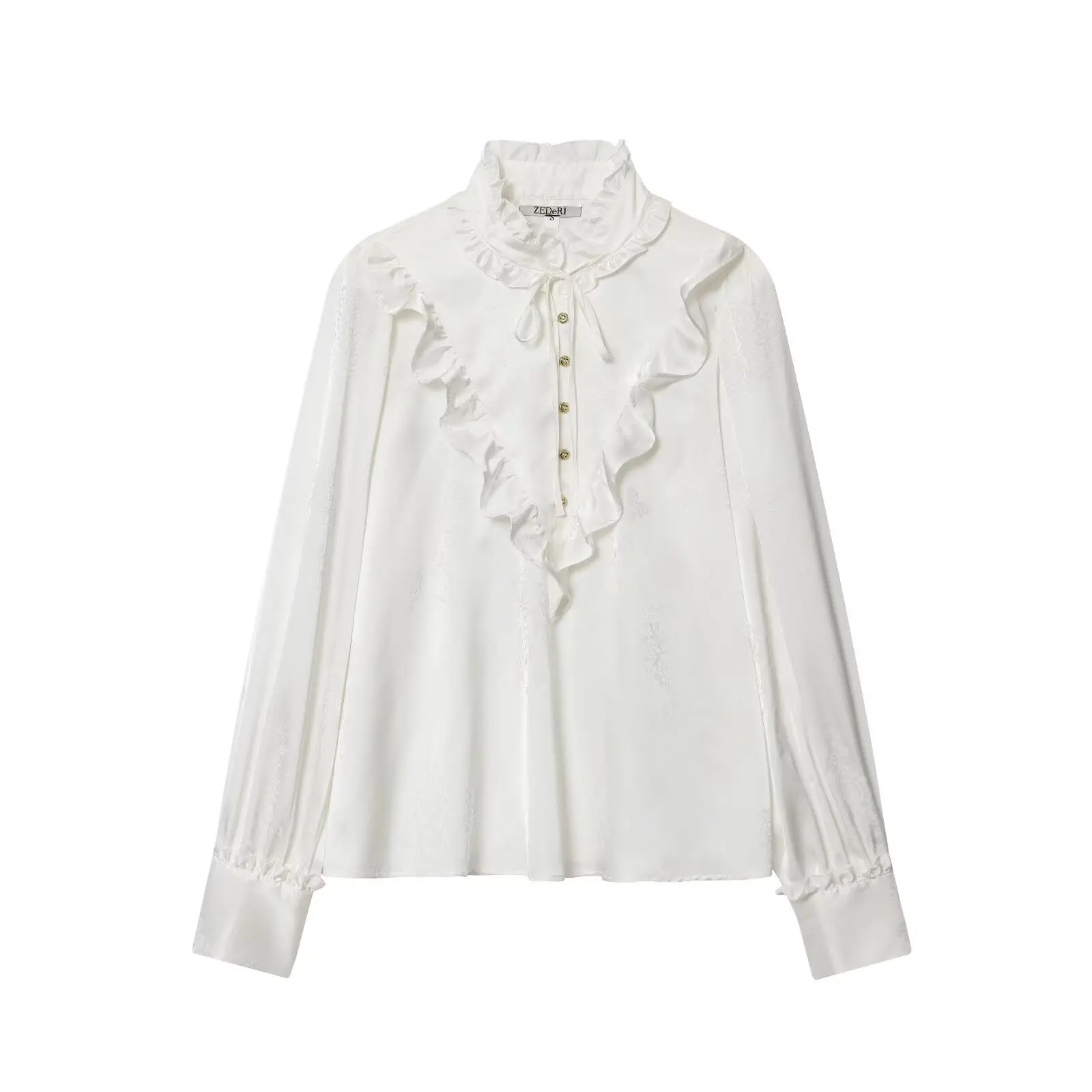 

2025 Autumn Fashion Jacquard Silk Texture Shirt British Style Long Sleeve Women's White Shirt Retro Button Top Stand up Chiffon