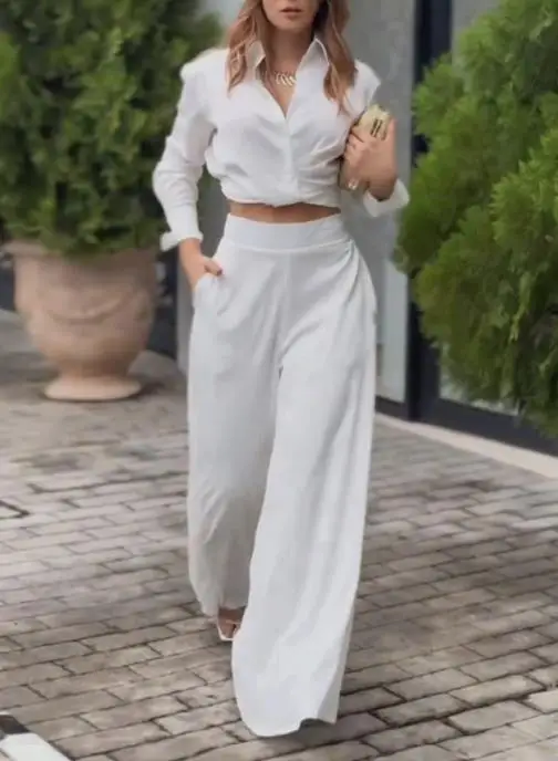 

Two Piece Set Women Outfit 2025 Spring New Fashion Turn-Down Collar Long Sleeve Crop Shirt & High Waist Wide Leg Pants Set