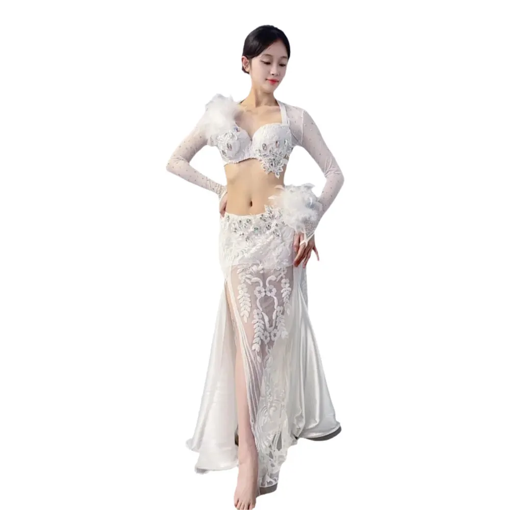 Belly Dance Performance Costume Practice Costume Women\'s Pure White Oriental Dance Costume Long Dress Costume