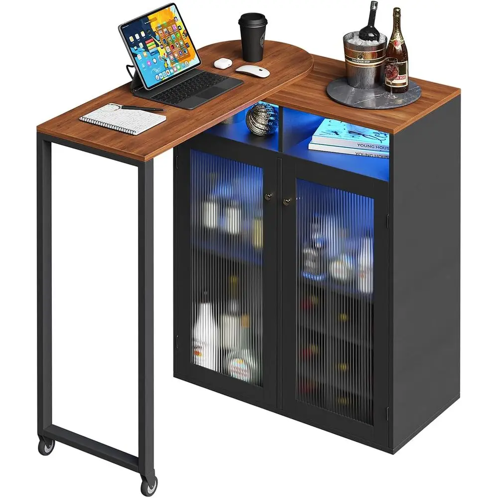 

360° Rotating Mini Home Bar with Charging, Lighting, Storage, Wine Rack & Glass Holder, Black
