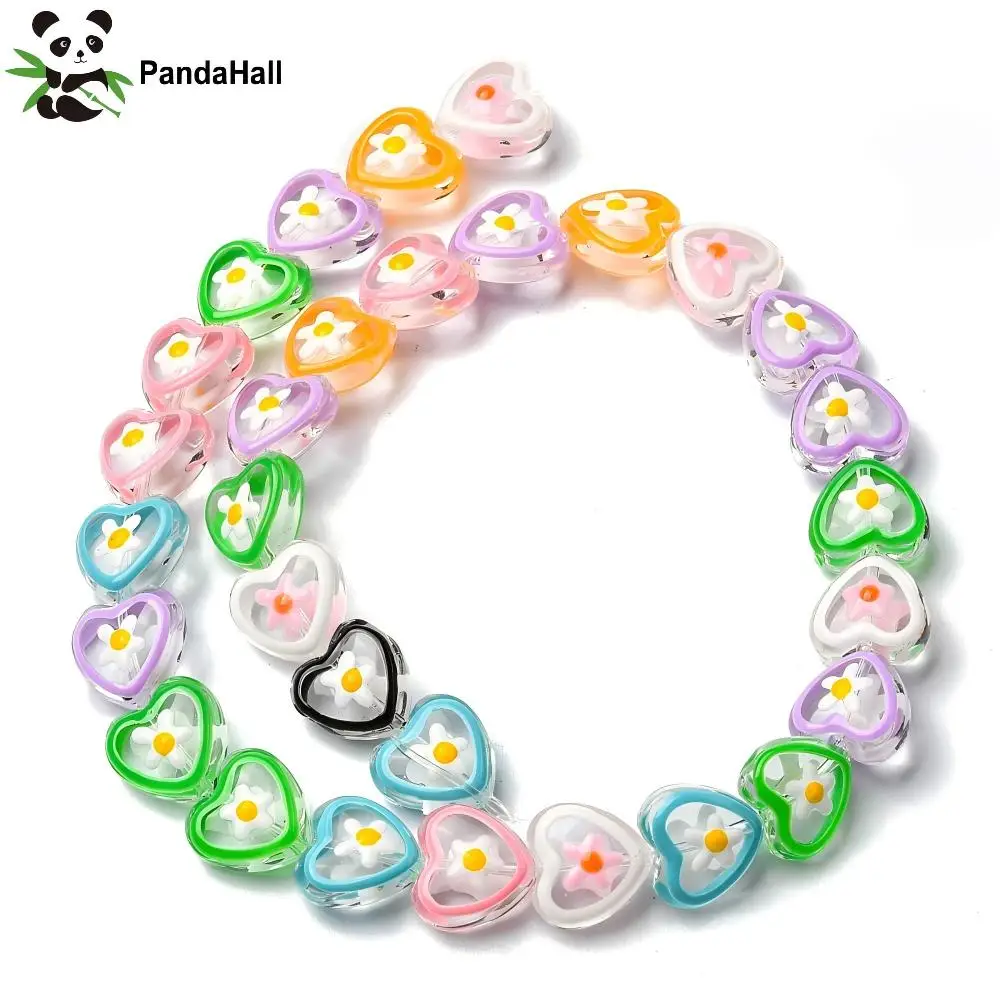 PandaHall 30pcs Random Colors Transparent Hand Painted Glass Heart with Flower Beads,  for Necklace Bracelet Jewelry Making