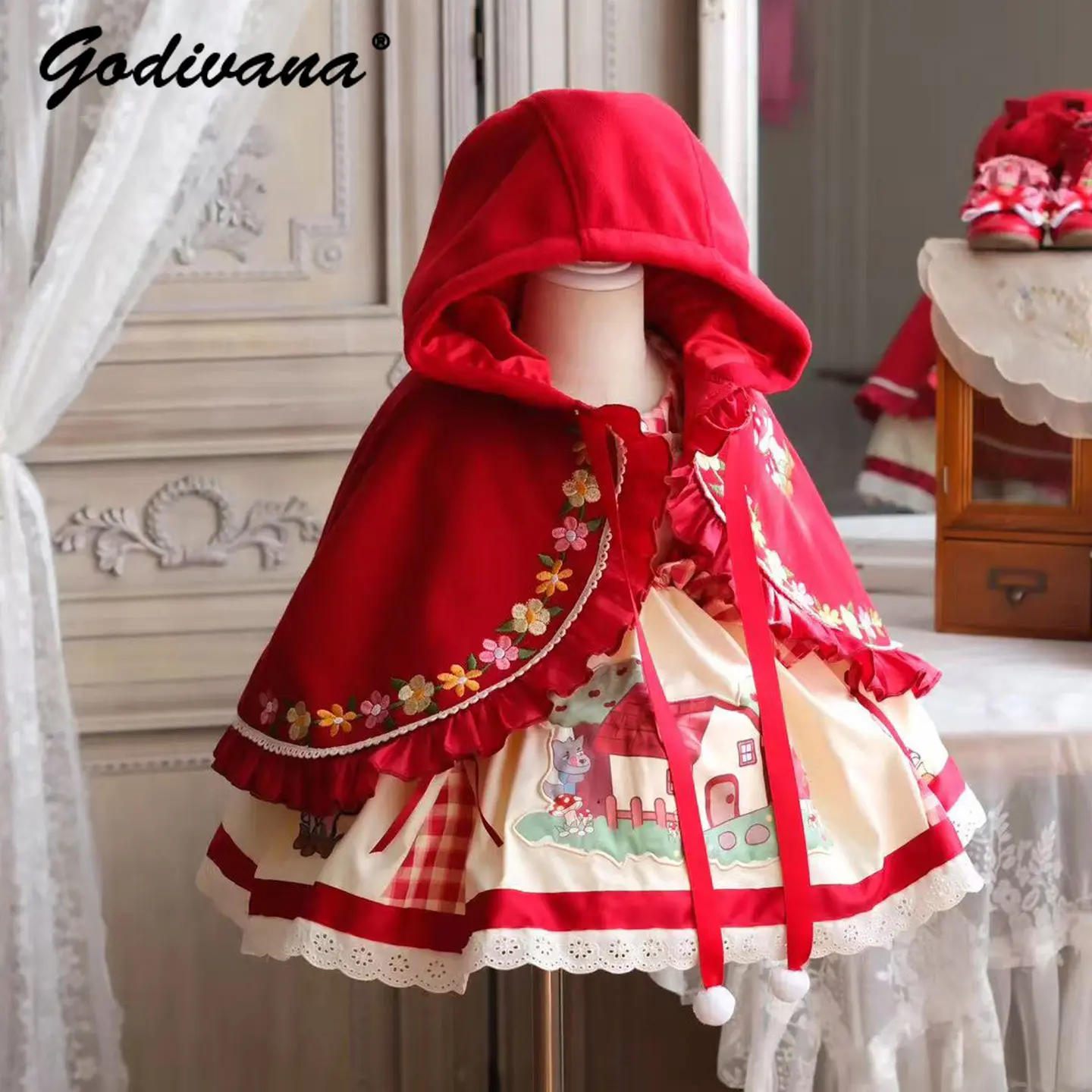 Original Baby Girls Little Red Riding Hood Cosplay Lolita Dress Set Kids Pastoral Cute Cartoon Print Lace Trim Sleeveless Gown