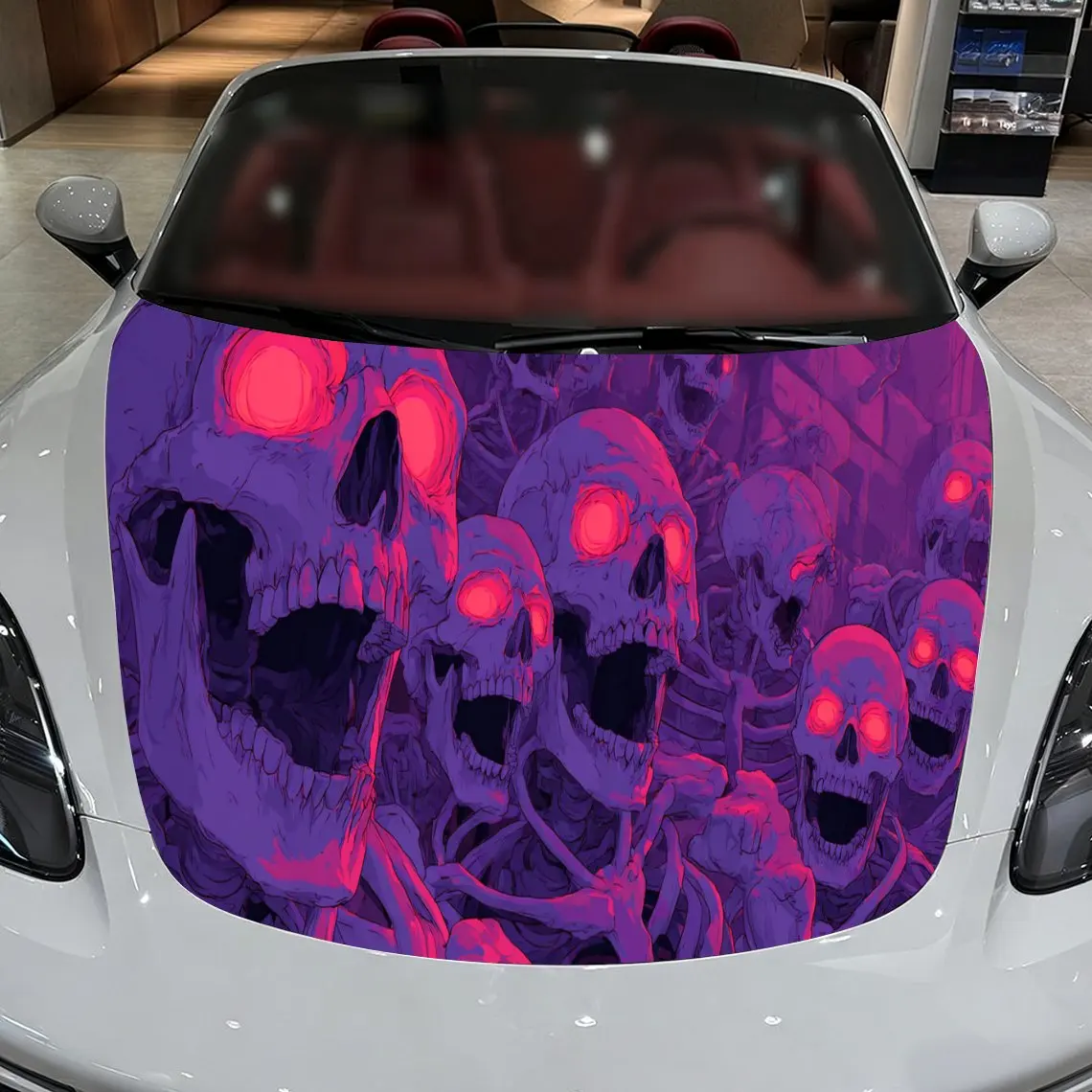 Eerie Purple and Red Skeleton Car Cover Sticker, Auto Hood Decal, Car Exterior Scratch Resistant Decal, Trendy Gift for Car Love