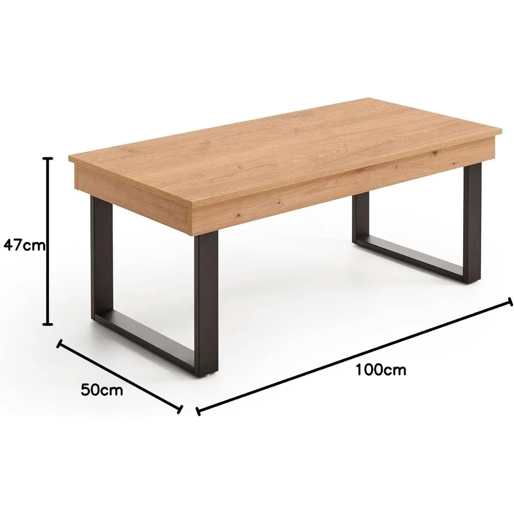 Mesa Centro Elevable Con Almacenaje، Color Mara Roble. ميديداس: 100 سم × 50 سم × 47 سم.
