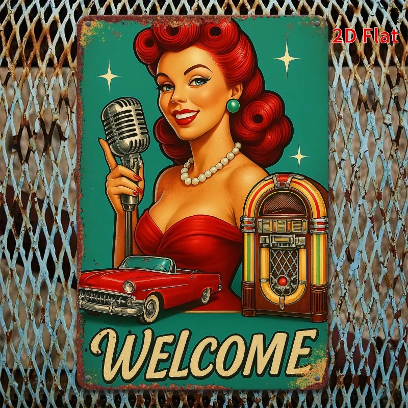 1pc Vintage Welcome Metal Iron Sign - Retro 1950s Pin-Up Girl With Microphone, Red Car & Jukebox Design - Durable 2D Flat Print