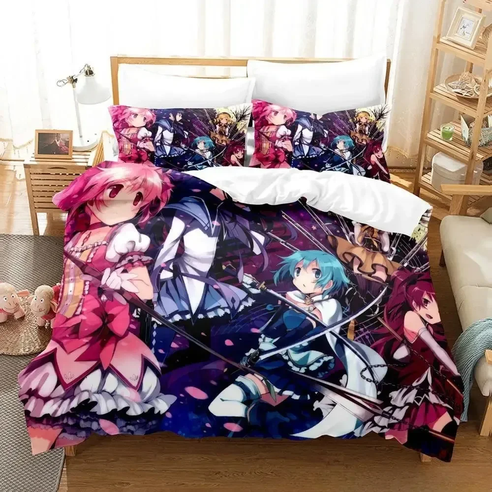 Puella Magi Madoka Magica Set biancheria da letto Cartoon Anime set da tre pezzi Set copripiumino per camera da letto per bambini adulti 3D Kawaii Girl Per tutte le stagioni