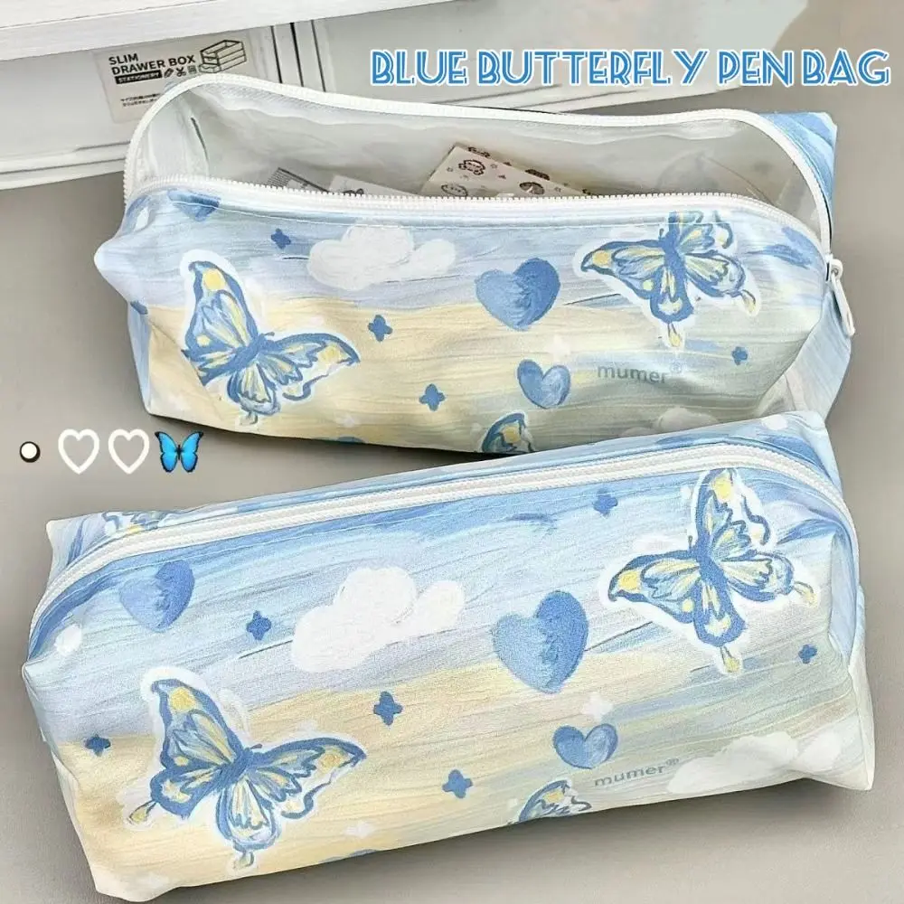 Multi-functional Canvas Pen Bag Blue Butterfly Large Capacity Pencil Case Oil Painting Series Stationery Bag Srudents