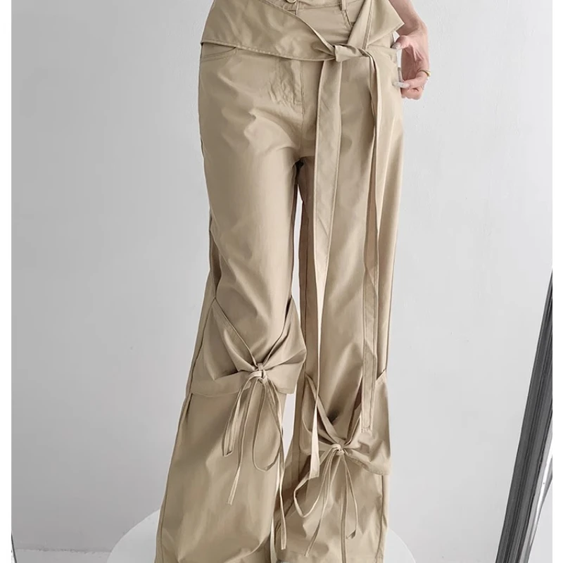 SALIENCY Luźne spodnie damskie z szerokimi nogawkami, wiązane na kokardę, w stylu casual, na wiosnę i lato, proste ogrodniczki w stylu amerykańskim hiphopowym.