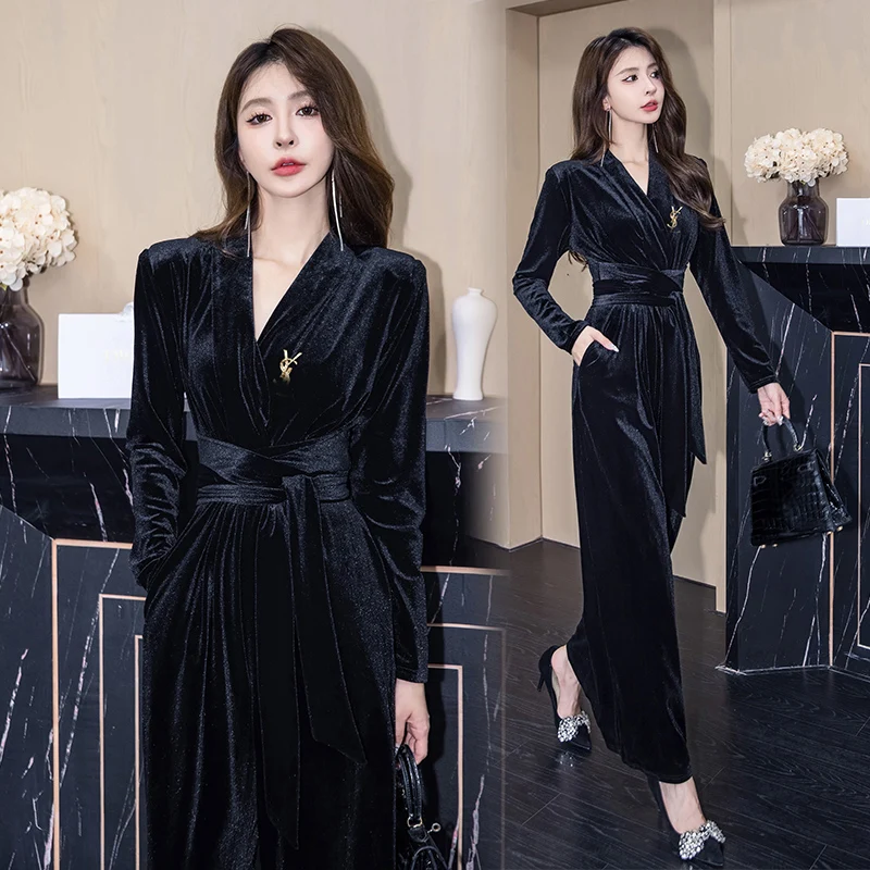 Korean Fashion Spring Autumn Velvet Jumpsuit Women High Waist Office Lady Black Jumpsuits Combinaison Femme Elegant Overalls