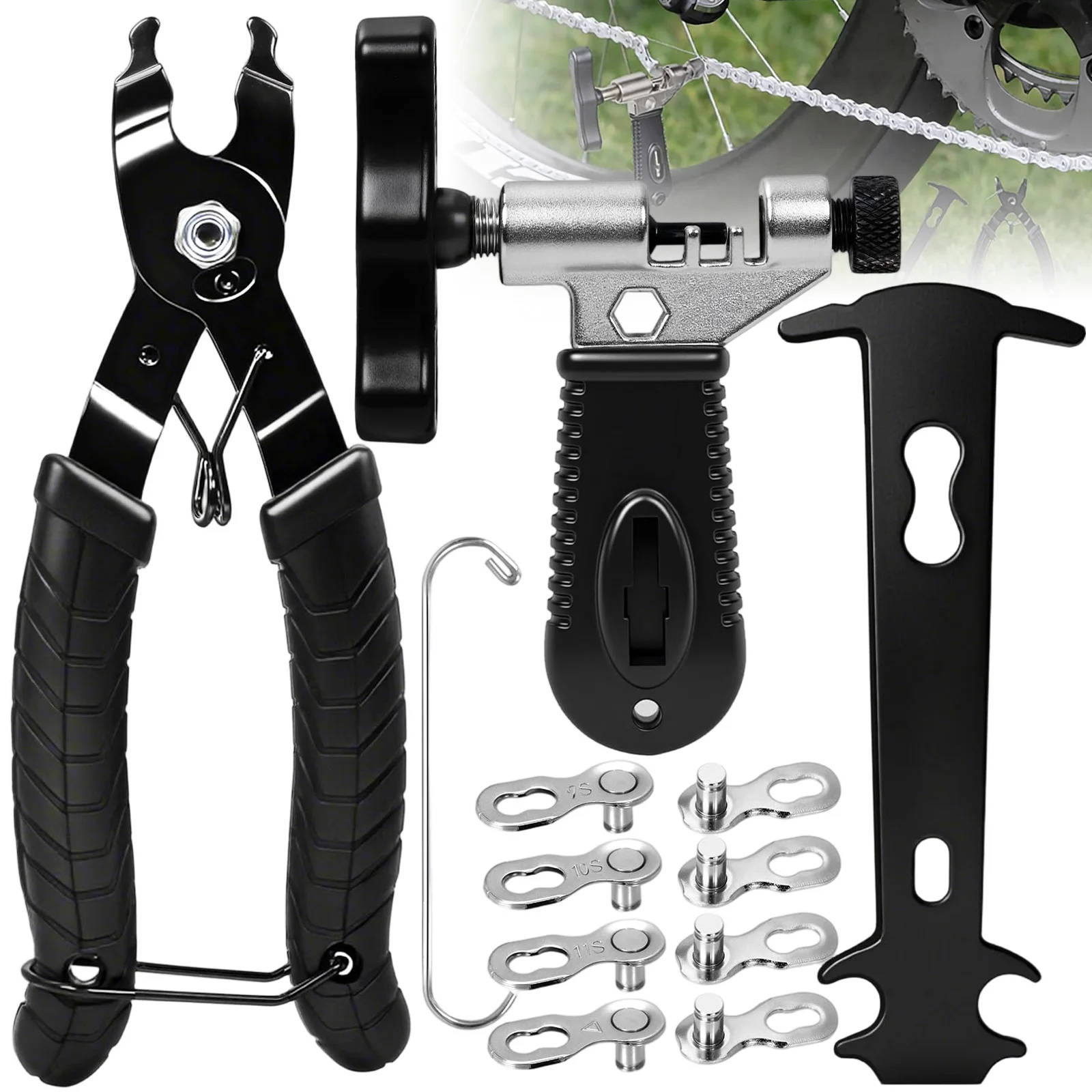 Szczypce do łańcucha rowerowego + Rozkuwacz łańcucha + Tester zużycia łańcucha + Ogniwo łączące (Quick-Link) – Odpowiednie dla łańcuchów 6/7/8/9/10-biegowych Konserwacja łańcucha | Profesjonalny