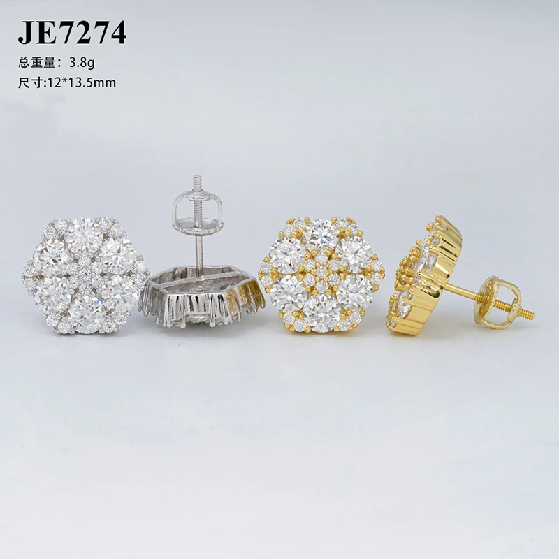 S925 Sterling Silver Hip Hop Moissanite Paved Bling Ice Out Snowflakes Stud Earrings for Men Women Rapper Jewelry