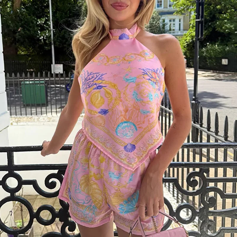 

Sexy Halter Tops with Short Pant Suit Women Fashion Pattern Irregular Party Outfits Casual Sleeveless Hight Street 2 Piece Sets