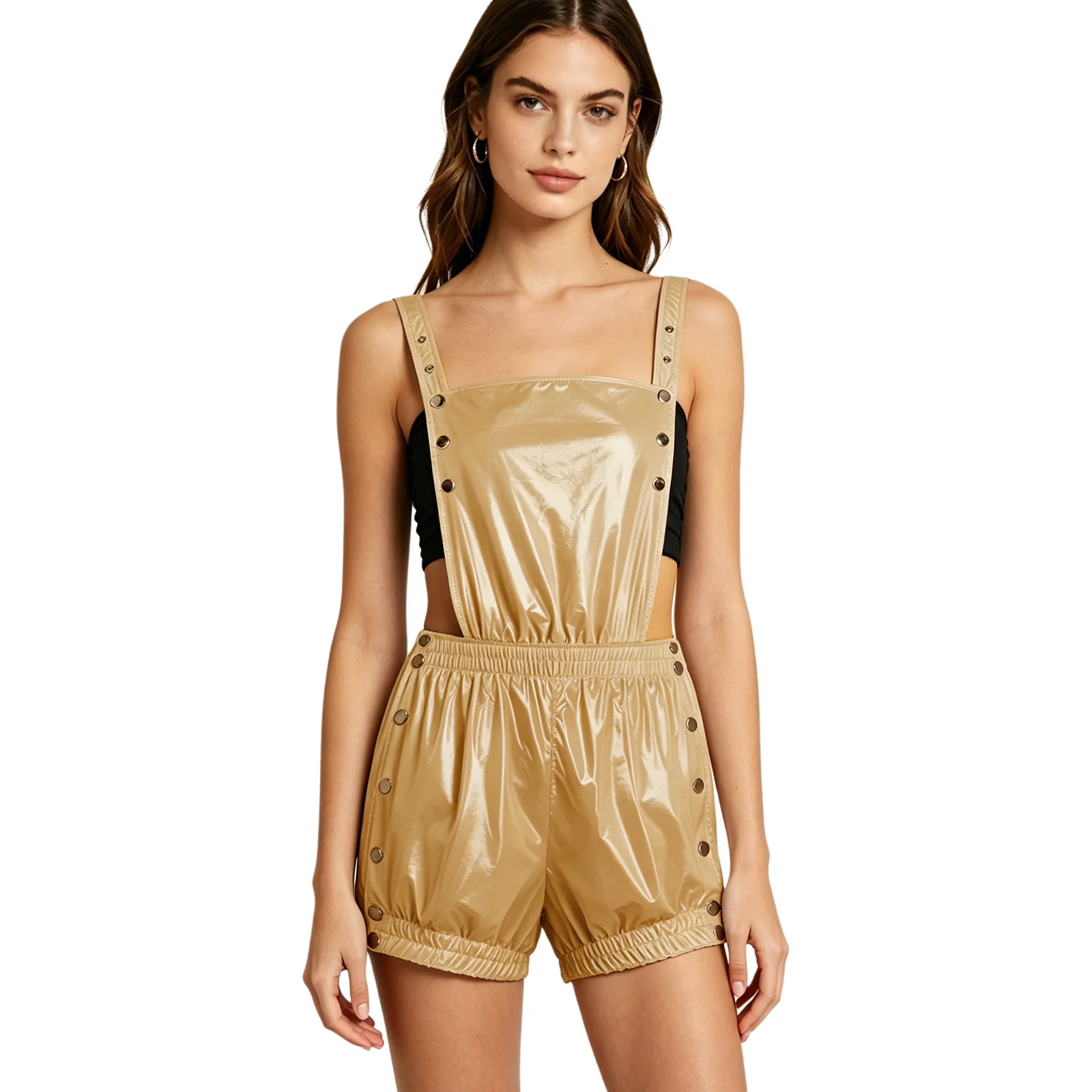

Womens Shiny Overalls Romper Sleeveless Short Jumpsuit for Party Stage Pressing Buttons Ruffled Trims Backless Short Jumpsuit