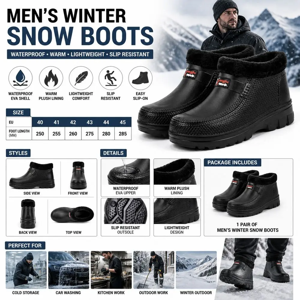New Waterproof Winter Snow Boots Lined EVA Men's Winter Boots Lightweight Ankle Height Cotton Shoes Outdoor Work