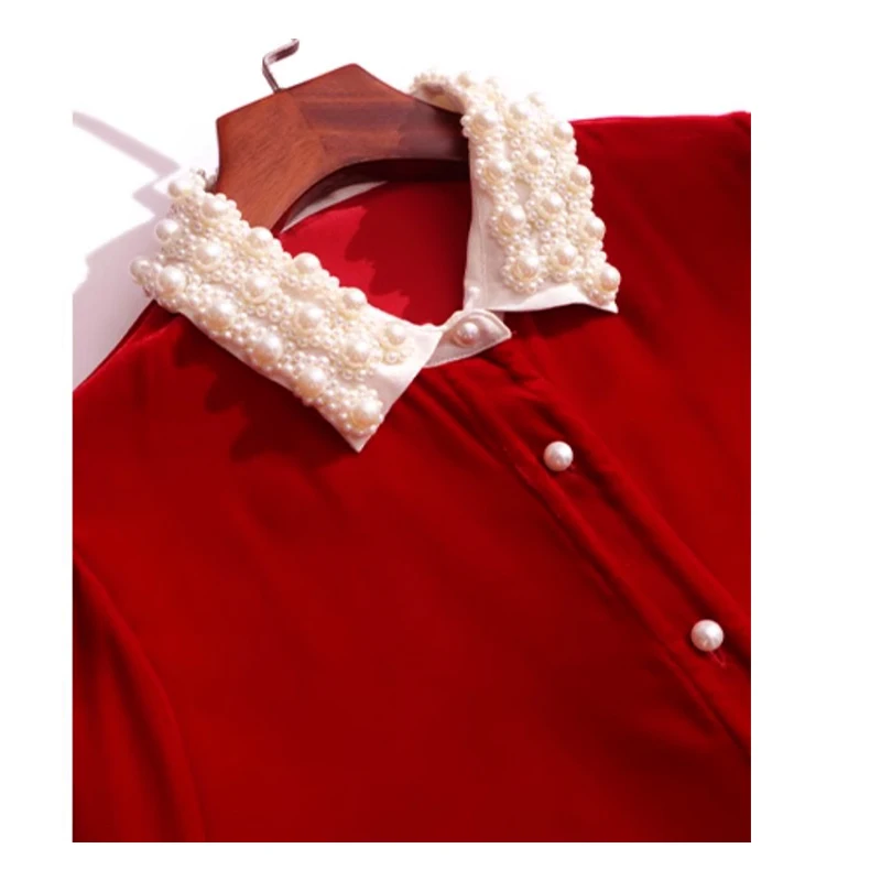 Fengboyu Luxe zijden fluwelen damesoverhemd met parelkraag Top met lange mouwen Elegant Hoogwaardig Modieus Zakelijk Casual