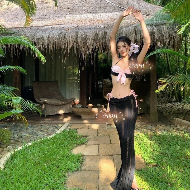 

Women's 3 Piece Bikini Set with Pink Bow Halter Top and Sheer Maxi Skirt Beach Cover Swimwear