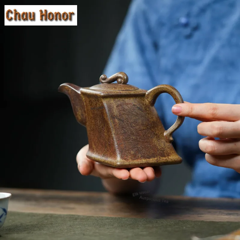 290ml Ancient Yixing Purple Clay Teapots Handmade Sailing Square Pot Raw Ore Wood-fired Mud Kettle Zisha Tea Set Tea Ceremony