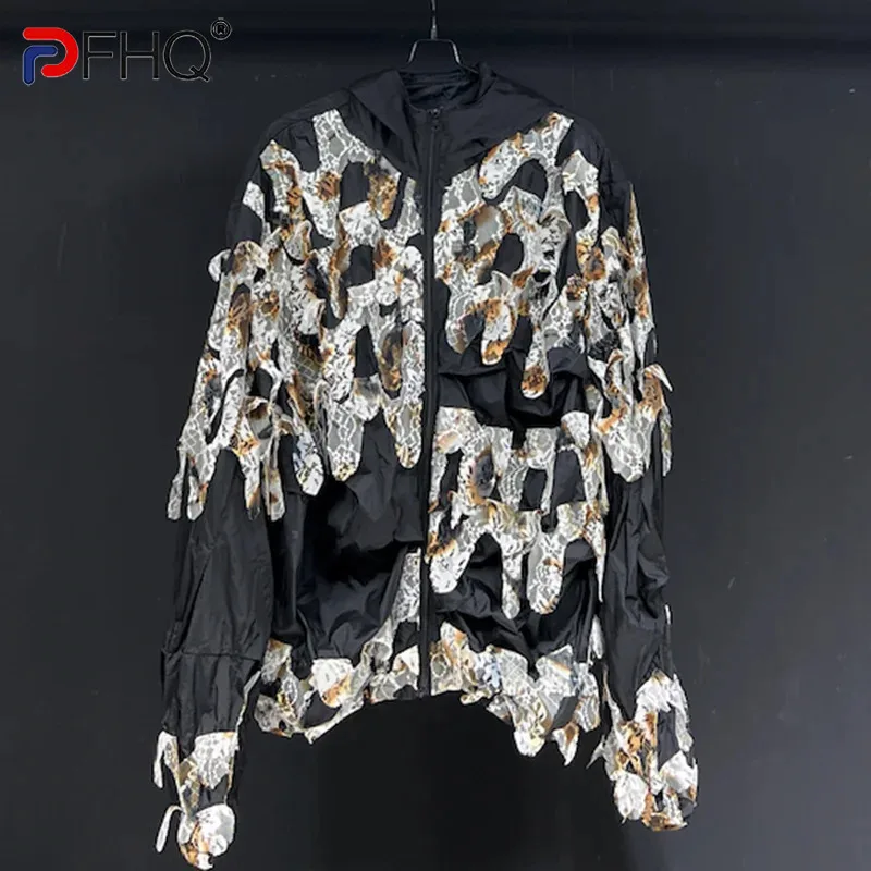 

PFHQ Men's Sunscreen Lace Deconstructed Shirt Jackets Summer Thin Hooded Design Patchwork Print Zippers Motorcycle Coat 21Z4851