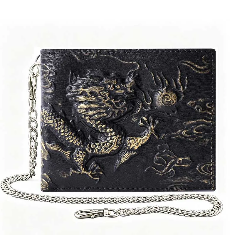 Men Punk Rock Riding Wallet Genuine Leather Anti-Theft Chain Purse Vintage Embossed Dragon Pattern Metal Chain Biker Wallet