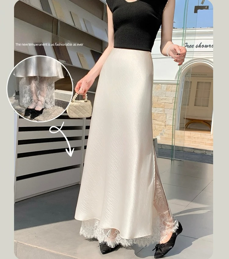 2026 Sommer Herbst Neuer Schlanker Hochwertiger Modischer Halbrock Eleganter Spitzenbesatz Satin Seitenschlitz Damen Midi-Rock – Detail 1