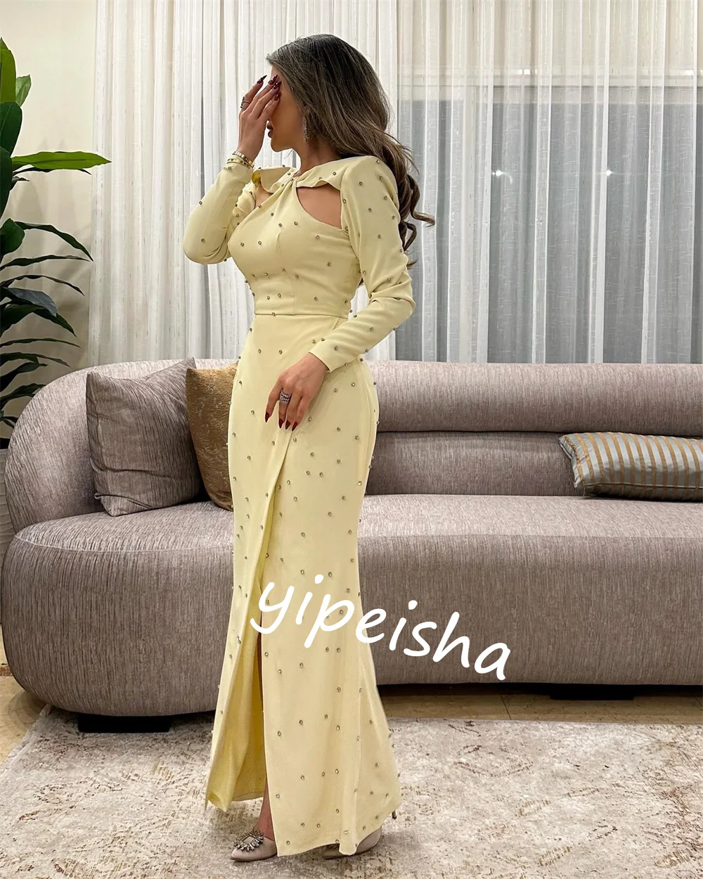 Customized  Charmeuse Rhinestone  Sheath O-Neck Bespoke Occasion Gown Midi Dresses Saudi Arabia