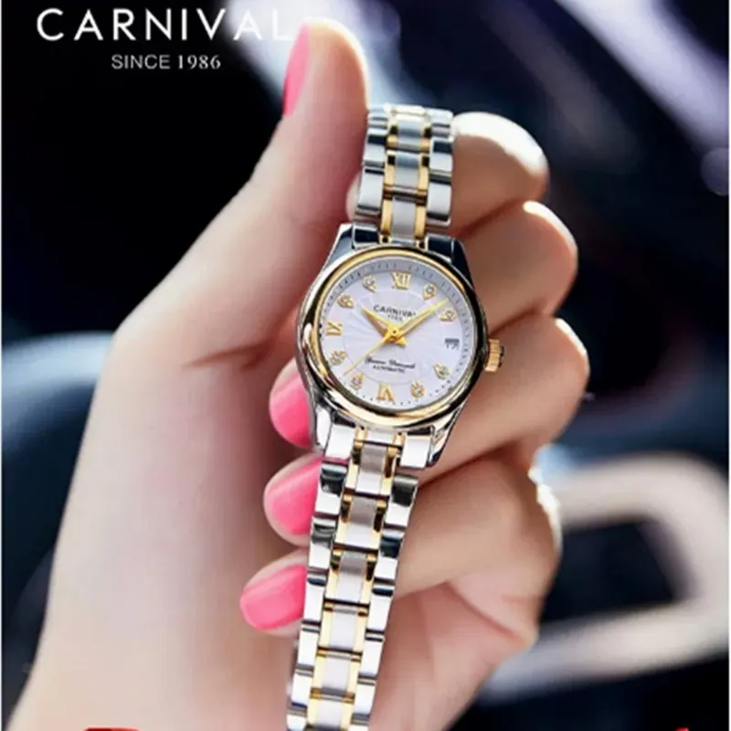 Carnival-reloj automático de zafiro para mujer, pulsera de acero de lujo, resistente al agua, mecánico