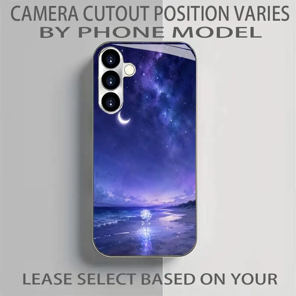 Electroplated Silver Shockproof Phone Case For Samsung Galaxy S26/S25/S24/S23/S22 Ultra Plus/FE, Moon And Sea Rose Pattern